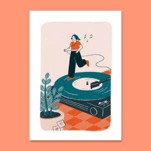 Illustration avec une personne qui court sur un vinyle en bichromie