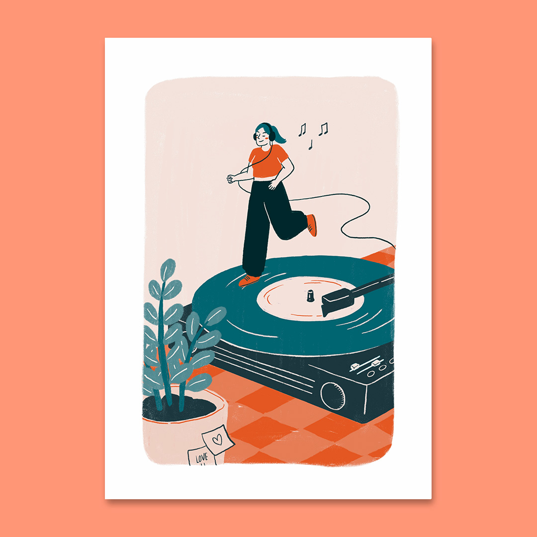 Illustration avec une personne qui court sur un vinyle en bichromie