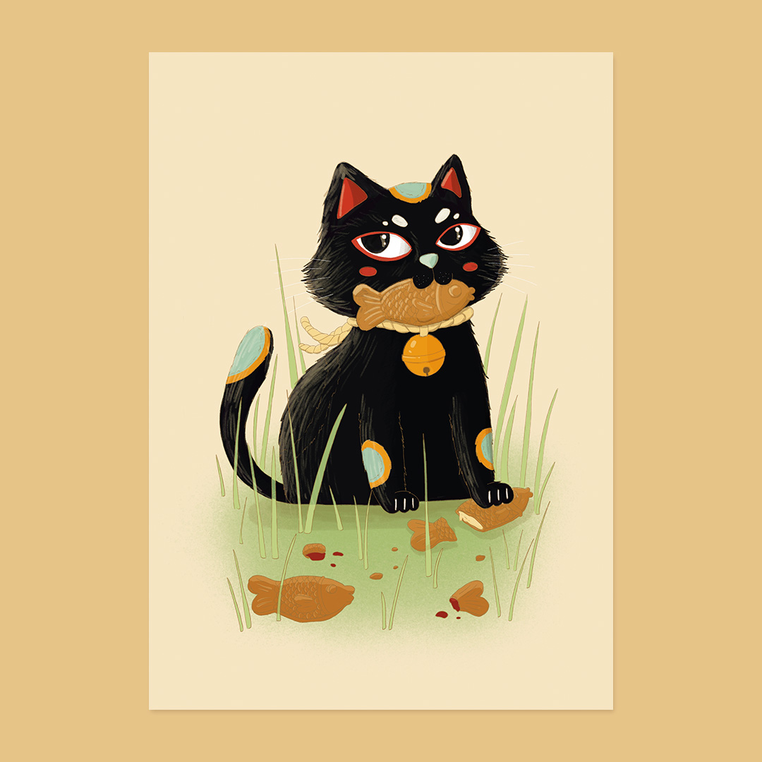 Illustration d'un chat qui mange un tayaki au Japon