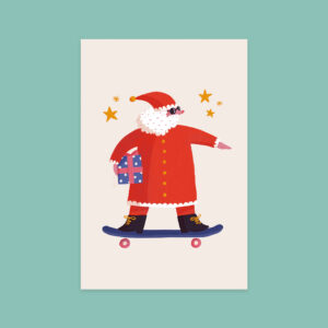 Illustration d'un père noël sur un skate avec un cadeau